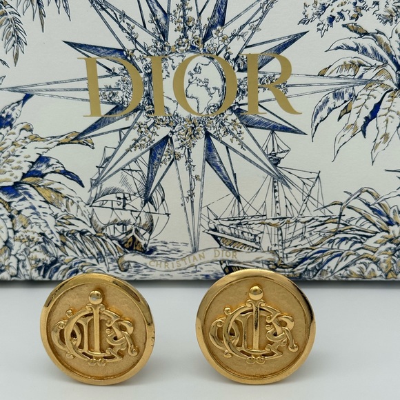 CHRISTIAN DIOR Larges 80's Vintage Signature Loggo Coin Earrings Monogram - Picture 1 of 9